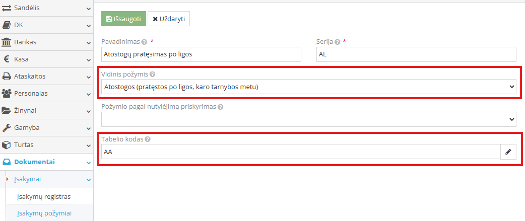 Įsakymo požymio AA sukūrimo langas